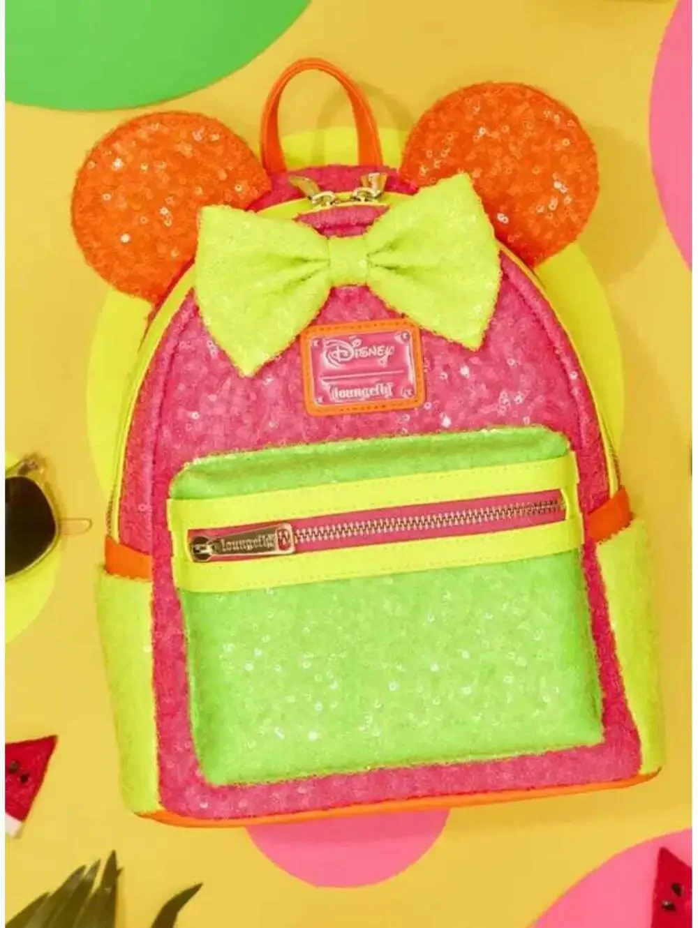 Loungefly Disney Minnie Mouse Color Block Neon Sequin Mini Backpack & Cardholder